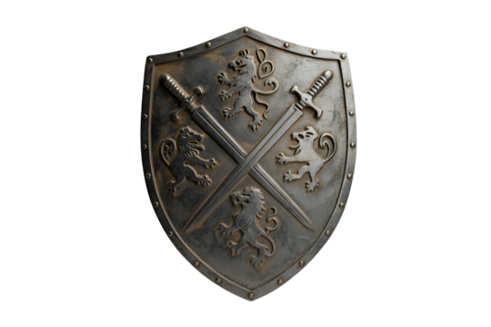 Ornate medieval shield with crossed swords isolated on transparent background