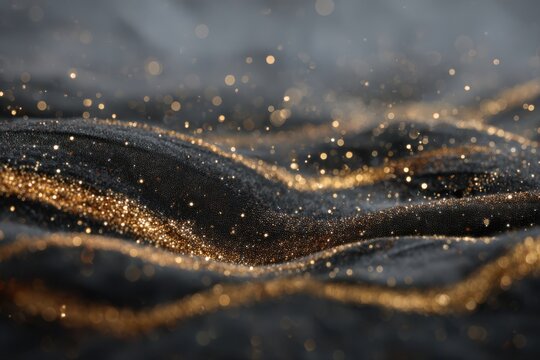 Rich black and gold luxury scene adorned with glimmering glitter, surrounded by soft bokeh effects, evoking a sense of elegance