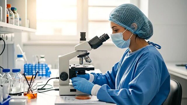 Scientist Analyzing Under Microscope: A focused scientist, shielded in protective attire, intently examines a sample through a microscope in a sterile laboratory.
