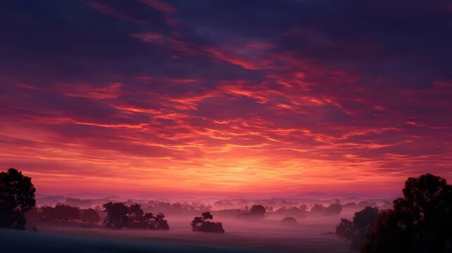 Dramatic crimson and purple sky at sunrise casting a warm glow over a misty tranquil rural landscape with silhouetted trees - Powered by Adobe