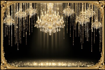 Elegant poster featuring a luxurious black and gold color scheme, illuminated with twinkling lights, inviting guests to a vibrant celebration