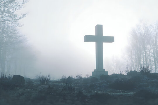 simple white cross silhouette in soft fog creating a minimal serene religious condolence design