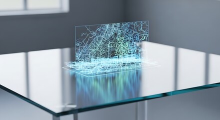 Dynamic futuristic holographic city map projection illuminating modern workspace, showcasing digital navigation and smart technology for urban planning and data visualization.