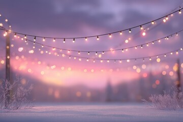 Snowy landscape backdrop with twinkling fairy lights and a warm fire, creating a magical mood that highlights special holiday discounts
