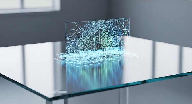Dynamic futuristic holographic city map projection illuminating modern workspace, showcasing digital navigation and smart technology for urban planning and data visualization.