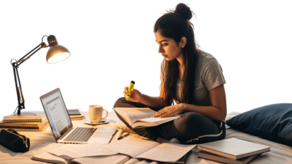 Young Woman Studying on Bed with Laptop and Books