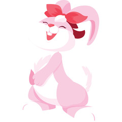 Happy Pink Rabbit Character Wearing a Red Bow with Eyes Closed Laughing Joyfully Isolated on White Background