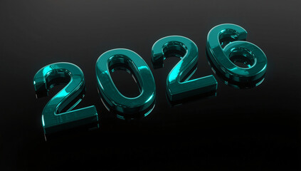 Stunning 3D metallic teal numbers '2026' gleam elegantly on a dark reflective surface, symbolizing future, planning, and celebration.