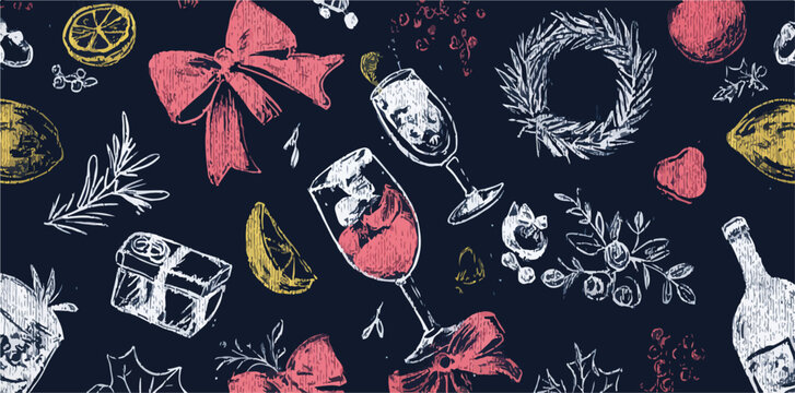 Ilustraci&oacute;n vectorial de c&oacute;cteles festivos con adornos, limones y regalos, perfecta para celebraciones.