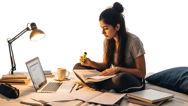 Young Woman Studying on Bed with Laptop and Books