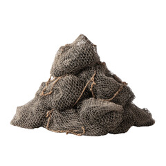 Pile of knotted netting with coarse twine ties