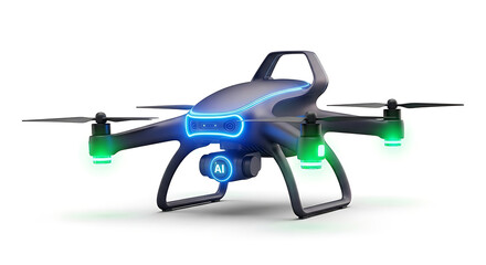 A sleek, dark gray drone with bright blue and green lights is hovering against a plain white background.