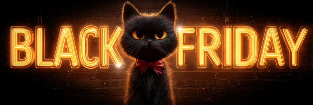 Extreme close-up of a menacing black cat wearing a red bow looking into the camera, sitting next to a gold neon sign that says "BLACK FRIDAY" in a dark, cinematic Halloween atmosphere. Generative AI. - Powered by Adobe