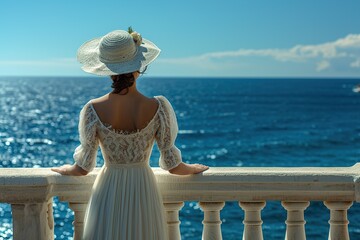 Obraz premium back view woman in white dress standing on balcony overlooking ocean. She wearing white hat and she enjoying view