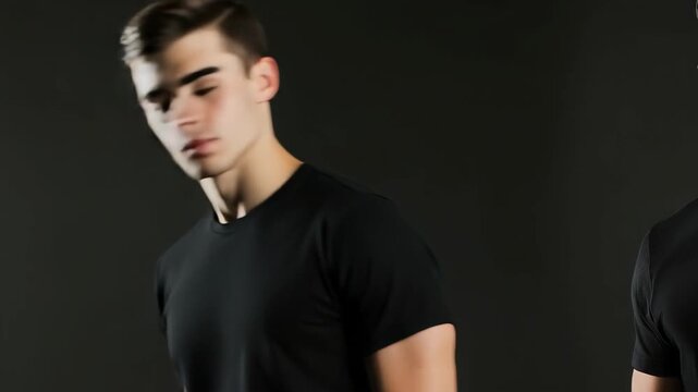 A young man poses confidently in a black t-shirt within a minimalist studio environment. Dramatic lighting accentuates his features from both front and back views.
