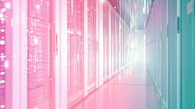 A sleek corridor in a high-tech data center showcases advanced server racks illuminated by vibrant lighting, creating a futuristic atmosphere during nighttime operations.
