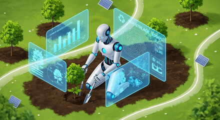 A robot planting a tree seedling surrounded by holographic data displays in a green, environmentally conscious landscape.