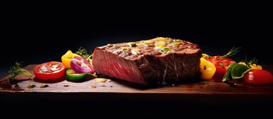 delicious_steak,gourmet_food_photography,mouth-watering_culinary_delight,juicy_meat_on_wooden_surface,fresh_vegetables_and_herbs_garnish,dramatic_chiaroscuro_lighting,food_styling_and_composition,high