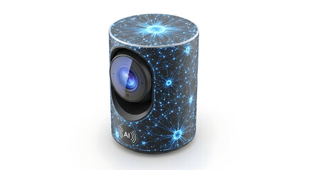 A cylindrical device with a lens, featuring a starry design, isolated on white.