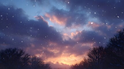 Dramatic twilight sky with warm sunset hues dark clouds and falling snow over silhouetted winter trees