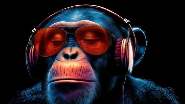 Blue-furred chimp wearing oversized pink headphones and orangetinted glasses against black backdrop