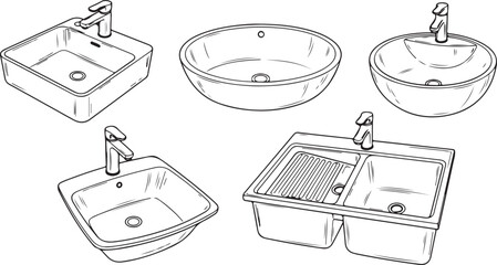 Collection of various sinks and faucets in a line drawing style