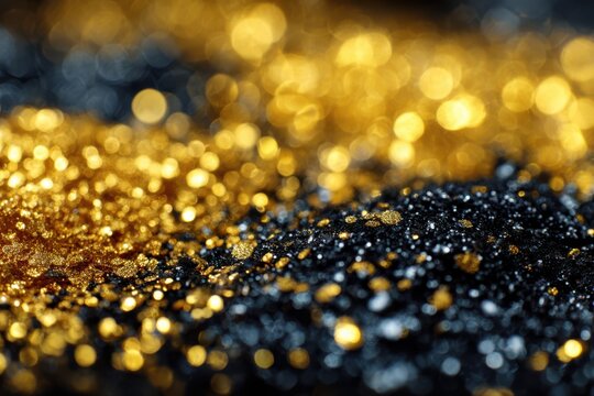 Opulent gold and black backdrop with sparkling glitter, illuminated by warm, diffused lights, creating a glamorous and inviting mood