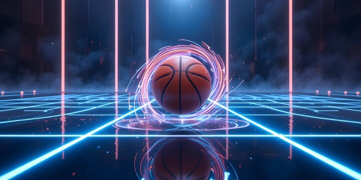 Dynamic basketball orbits with glowing neon energy in futuristic arena, capturing sport's vibrant spirit