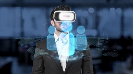 A business professional dons a virtual reality headset, interacting with a digital interface in a modern office, showcasing innovative technology and engagement. Raster - Powered by Adobe