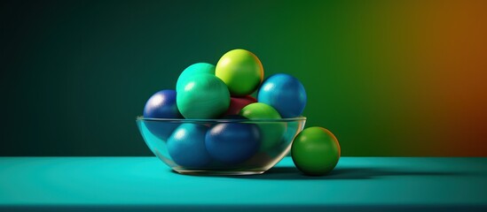 intricate, photorealistic, still life, colorful ceramic bowl, vibrant green apples, blue and green marbles, dramatic lighting, smooth surface, rich colors, digital art
