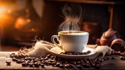 steam, coffee mug, coffee beans, warm light, cozy atmosphere, bokeh background, cinematic lighting, wooden table, vintage style
