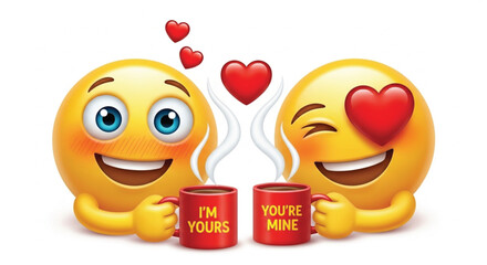 Two cheerful emojis are sharing coffee, their eyes replaced with hearts. The mugs read 'I'm Yours' and 'You're Mine', symbolizing love and connection. 
