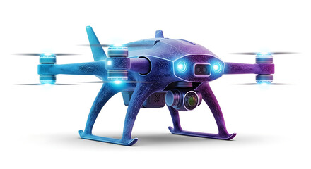 A futuristic-looking drone with glowing lights hovers in front of a white background.