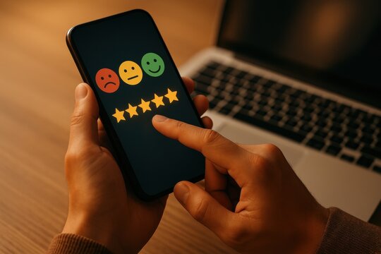 User interacting with a rating app on a smartphone, showcasing feedback symbols and star ratings. Concept of customer satisfaction and digital engagement in services.