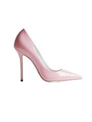 Elegant pink patent leather stiletto heel shoe isolated on black