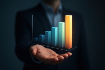 Business professional presenting a holographic growth chart, symbolizing data analytics, progress, and financial success in a modern corporate environment.