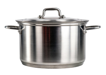 Shiny metal stock pot with lid, sturdy handles, on dark background