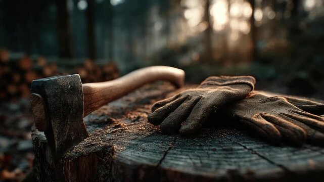 An axe rests on a stump with gloves, set in a forest with soft lighting and a blurred background