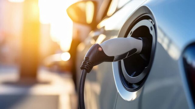 Close-up, low-angle shot of an electric car charging in sunlight, capturing eco-friendly technology. Ideal for a video on sustainable energy solutions. Live desktop wallpaper.