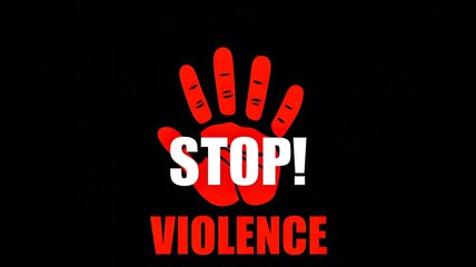 Stop violence awareness poster with red handprint and bold text on black background  
