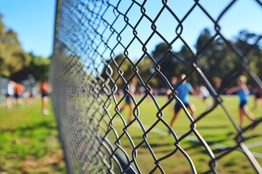 group of young athletes engage in soccer practice on grassy field. scene is framed by chain-link fence, with clear blue skies and trees in background, showcasing lively day