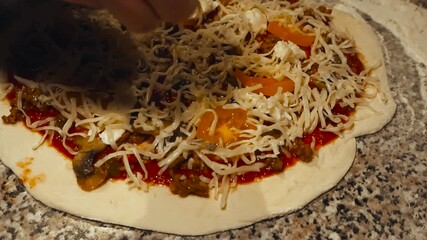 Closeup orbiting of chef hand putting shredded cheese over handmade pizza base covered with vegetables ingredients, meat toppings and tomato sauce in slow motion. Low angle fresh dough on home kitchen