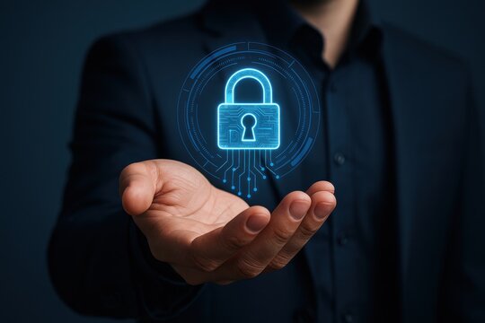 Businessman presenting a digital lock icon symbolizing cybersecurity and data protection. Concept of technology, privacy, and digital security solutions.