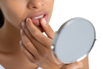 Woman checking lips in mirror isolated on transparent background