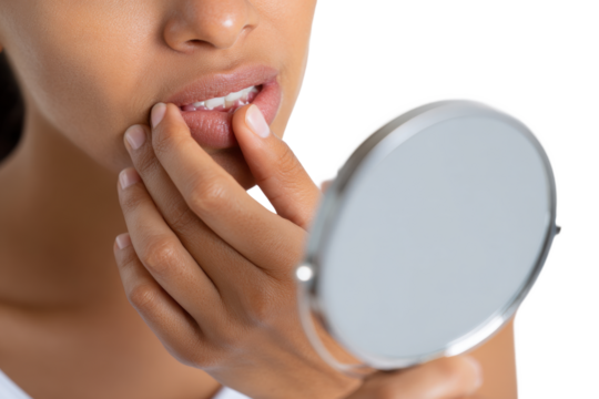 Woman checking lips in mirror isolated on transparent background