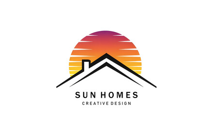 House roof line logo with sunset symbol vector icon.