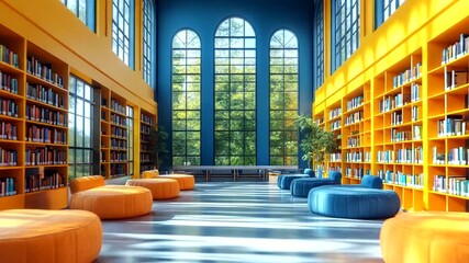 Colorful library interior with cozy seating and sunlight