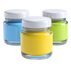 Three glass jars filled with blue, yellow, & green pastel paint