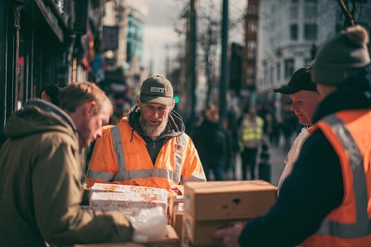 volunteers wearing bright orange vests organize packages on bustling city street. scene captures the busy atmosphere of urban life as pedestrians walk by - Powered by Adobe