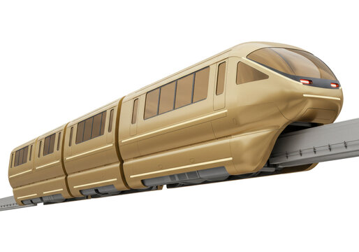 Isolated beige monorail train on a track for city transport with a modern rounded shape